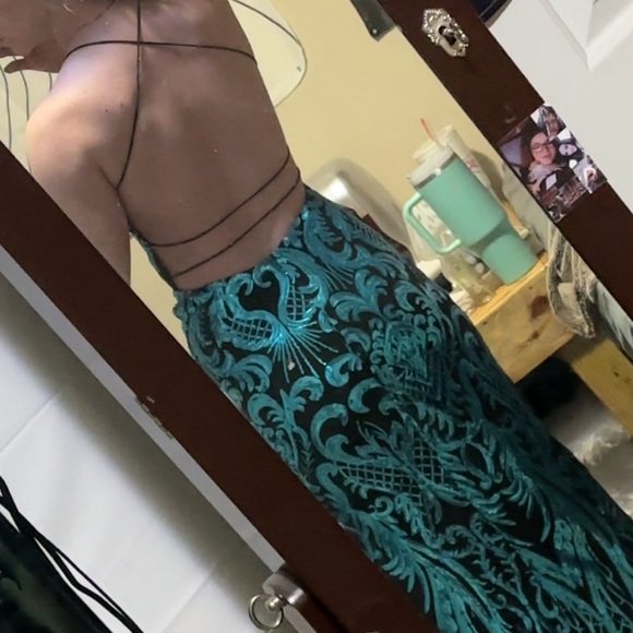 Next Up Pattern Sequin Cross Back Strap Long Dress - Picture 2 of 4